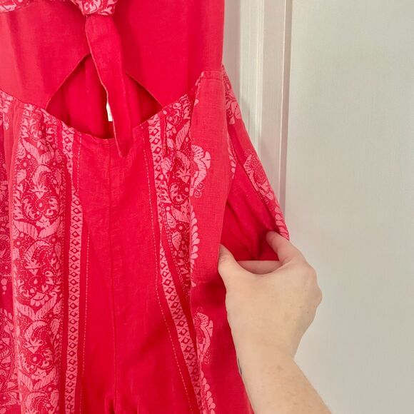 Free People Feel The Sun Jumpsuit Red Paisley Linen Wide Leg Size 0 Orig. $148 - Picture 6 of 10